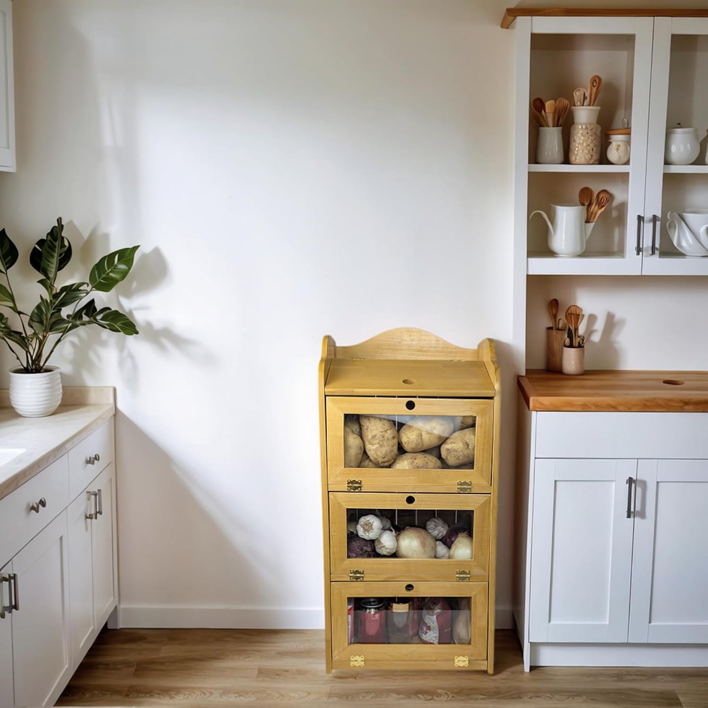 ARTAWEIN Onion and Potato Storage Bin Box Farmhouse Fruit and Vegetable Storage Small Food Kitchen Pantry Cabinet for Snack Large Bread Box for Homemade Bread Black Potato Bins