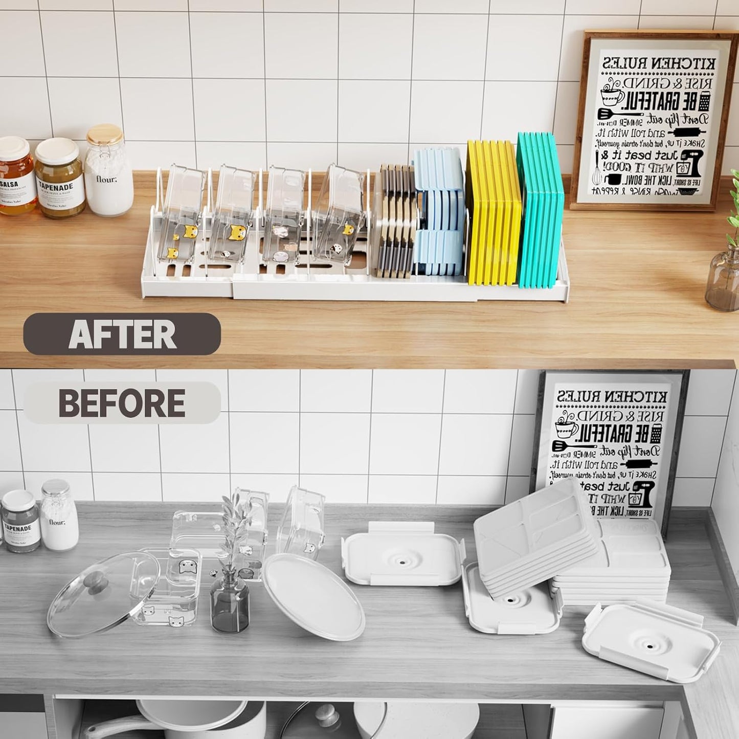 Expandable Food Storage Container Lid Organizers, 22" Pots and Pans Organizer Under Cabinet with 9 Adjustable Dividers Pot and Pan Lid Holders Rack Inside Cabinet(White,1 Pack)