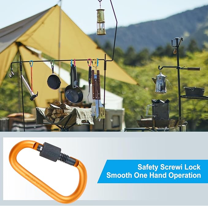 10 Pack Aluminum D Ring Key Rings Hiking Clips Locking Carabiner for Hiking Camping Fishing and Outdoor Use,Clips with Screw Gate Multicolored