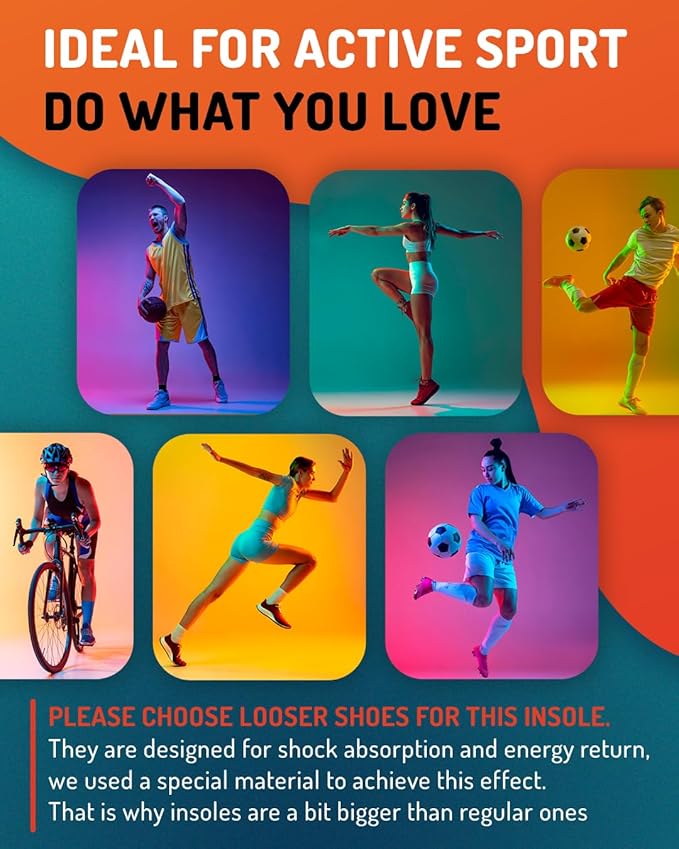 Sport Shock Absorbing Insoles - Athletic Shoe Cushioning Inserts for Men and Women - Ideal for Active Sports Running Training Hiking - Neutral Arch Good for Sneakers Shoes, XL