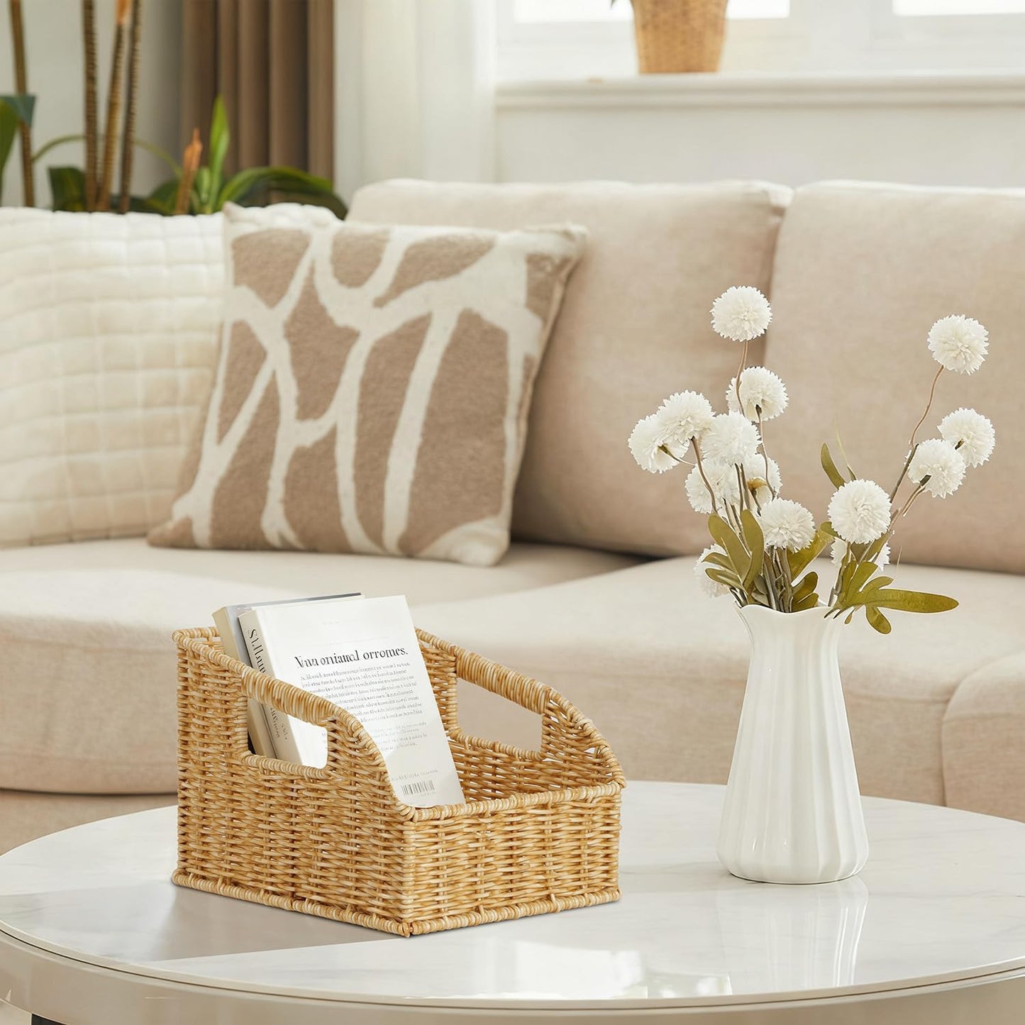 Wicker Baskets for Organizing,Pantry, Kitchen Counter with Handles, Handwoven Woven Storage Baskets for Fruit, Bread, Vegetable, Waterproof Plastic Storage Bins for Shelves, 3 Pack, Natural