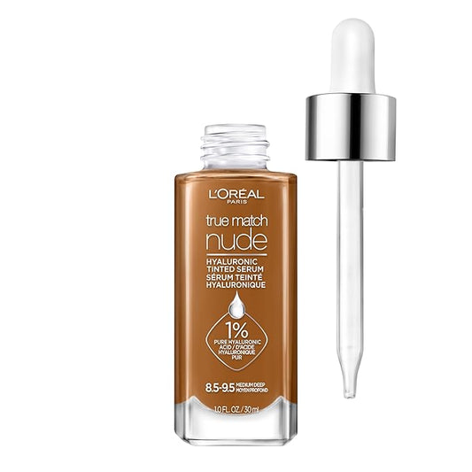L'Oreal Paris True Match Nude Hyaluronic Tinted Serum Foundation with 1% Hyaluronic acid, Medium Deep 8.5-9.5, 1 fl. oz.
