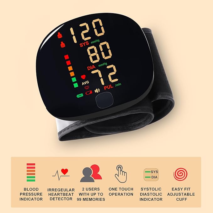 Rechargeable Wrist Blood Pressure Monitor with Voice Broadcast, Dual User Blood Pressure Cuff Wrist with USB-C Charging Cable, 2X 99 Memories & Carry Case