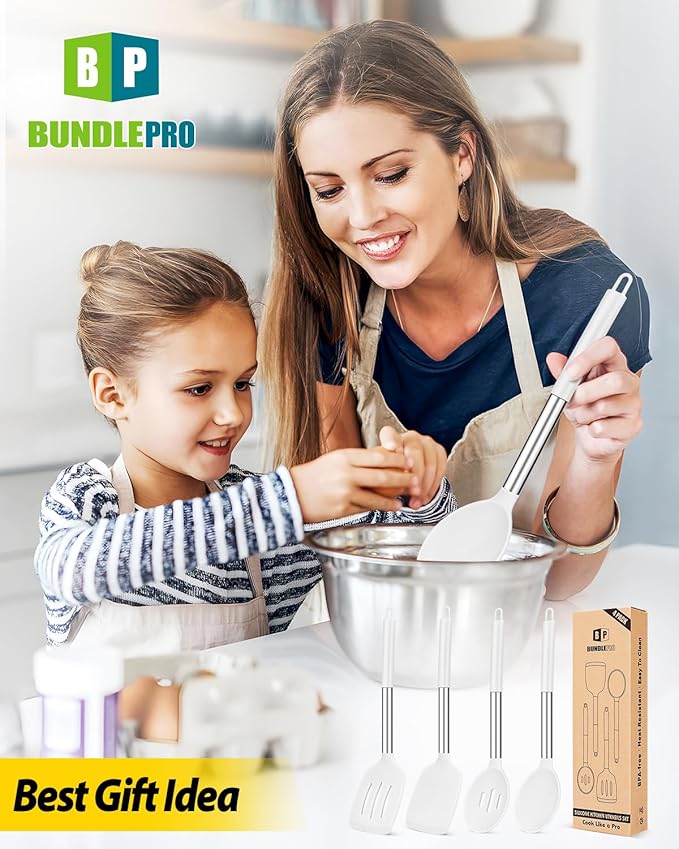 Pack of 4 Silicone Cooking Utensils Set, Non Stick Large Solid Spatulas, Heat Resistant Slotted Spoons, Ideal BPA Free Kitchen Turners for Frying, Mixing,Serving,Draining,Turning,Stirring (WHITE)