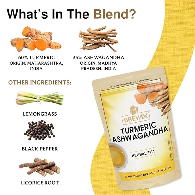 BREWIX, Turmeric Tea with Ashwagandha Root and Black Pepper (30 Plant Based Tea Bags) Caffeine-Free for Relaxation & Daily Stress Support | Herbal Tea For Health & Wellbeing | Supports Restful Sleep