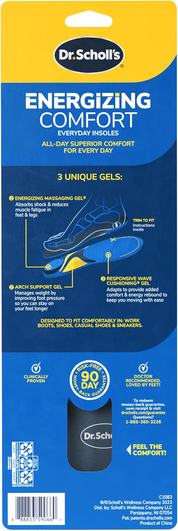 Dr. Scholl’s Energizing Comfort Men’s Everyday Insoles with Massaging Gel - Clinically Proven, All-Day Energy and Comfort Inserts, Patented Triple Gel Design, Shock Absorbing, Arch Support: 2 Pairs