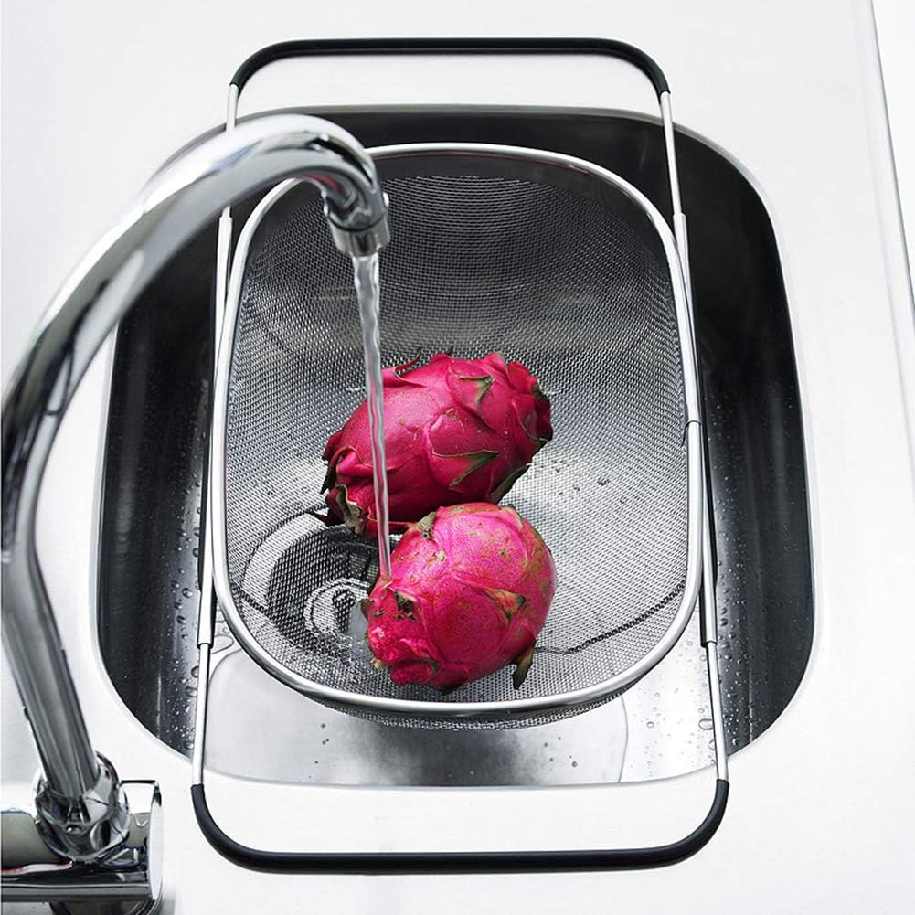Suwimut 2 Pack Over the Sink Oval Colander for Kitchen, Stainless Steel Fine Mesh 6 Quart Strainer Basket with Expandable Rubber Grip Handles for Straining, Draining, Rinsing Fruits, Vegetables