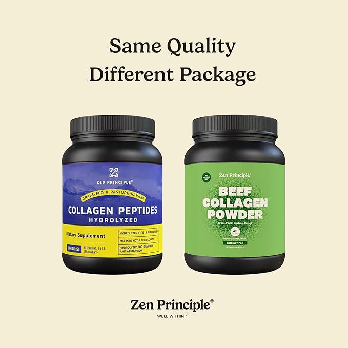 Zen Principle Grass-Fed Agglomerated Hydrolyzed Collagen Peptides 1.5 lb. Anti-Aging Protein Powder for Healthy Hair, Skin, Joints. Paleo Friendly, GMO and Gluten Free, Pasture-Raised Bovine.