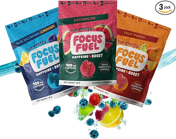 Energy Chews – Trial Size Variety Sample Pack (9 Servings) – 100mg Caffeine + Alpha GPC + L-Theanine + B12, Magnesium – Blue Razzberry Lemonade, Watermelon, Fruit Punch – No Crash or Jitters