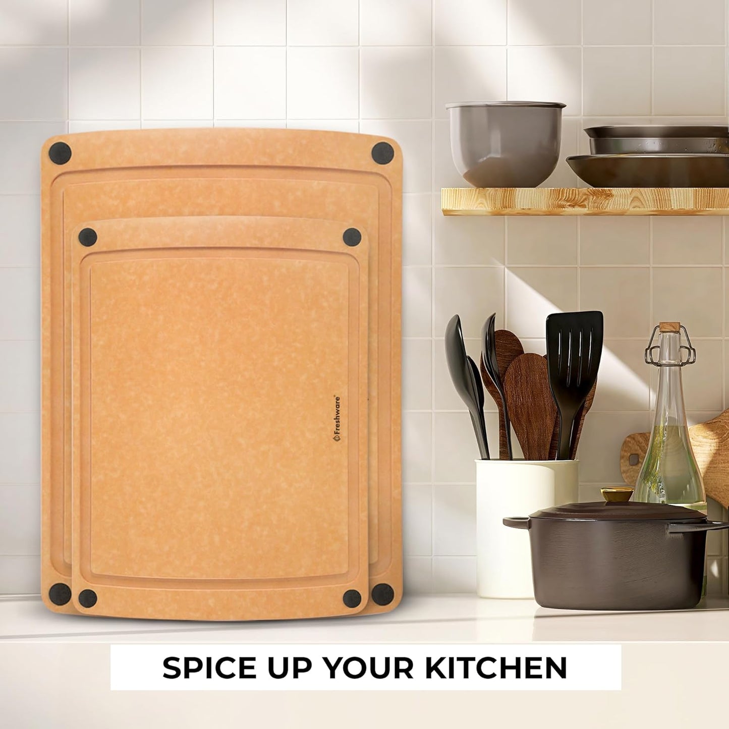 Freshware Wood Cutting Boards for Kitchen, Juice Groove, Non-Slip Silicone Feet, Dishwasher Safe, Medium 12" x 9" and Large, 15" x 11.25", Set of 2, Natural