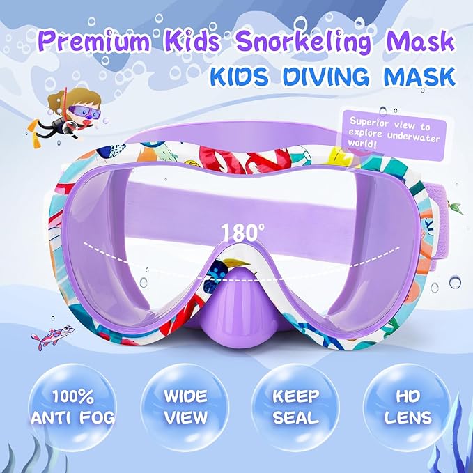 Kids Swim Goggles with Nose Cover, 180° Panoramic Snorkel Mask with Anti-Fog & Anti-Leak Design, Comfort Fabric Strap UV Protection Lens for Boys Girls Ages 3-15