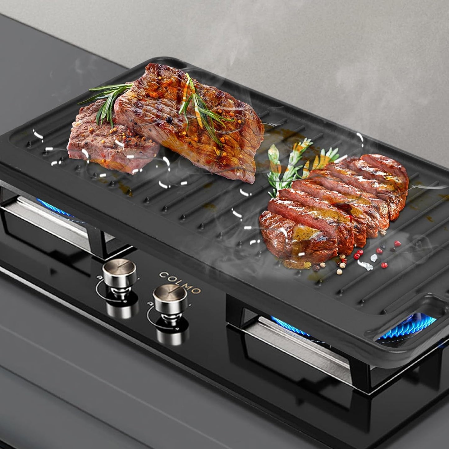 16.75" X 9.5" Reversible Cast Iron Griddle for Gas Grill, Flat Griddle Pan for Gas Stove, Pre-Seasoned Oven Top Grill pan,Upgrade Double Burner Griddle for Indoor & Outdoor Cooking Accessories