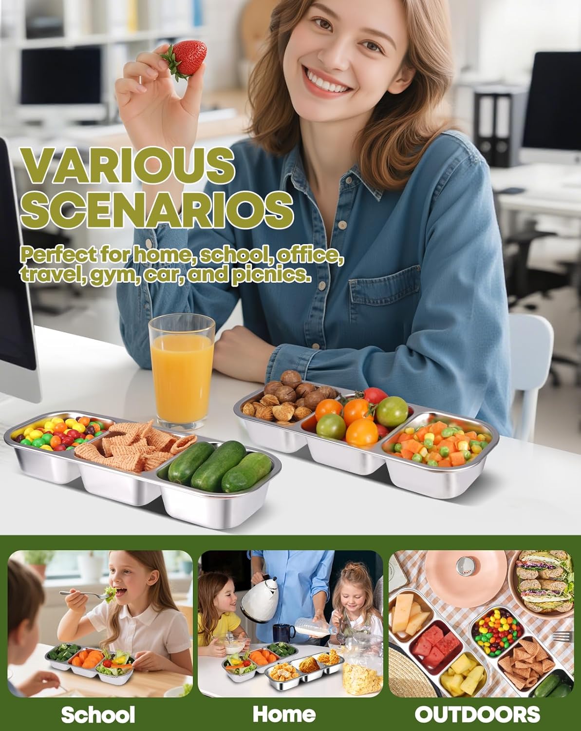 2Pack Stainless Steel Snack Containers for Kids Adults, Reusable 3 Compartment Snackle Box Container with Leakproof Lids Metal Bento Lunch Food Snack Boxs for Travel Picnics Camping Office School