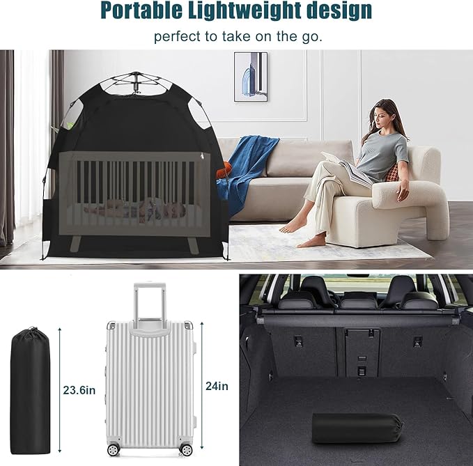 Blackout Tent for Pack N Play: Portable Baby Sleep Pod with 1-Click Setup, Mini Crib Cover with Monitor and Fan Pouches, Blocks 95% of Light, Travel Crib Canopy