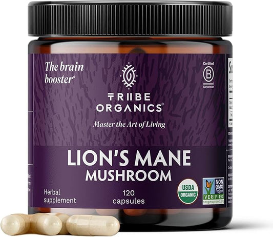 TRIBE ORGANICS Lion’s Mane Supplement 1000mg Mushroom Extract Powder - Immune System Booster & Brain Nootropic for Focus and Memory | Mental Clarity | Natural Energy and Immunity - 120 Vegan Capsules