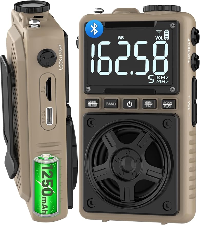 Bluetooth AM FM Shortwave Radio with NOAA Weather Alert,1250mAh Rechargeable Portable Pocket Radio with Best Reception,5W Big Speaker, Digital Tuner and Earphone,Support SD Card and USB Player(Brown)