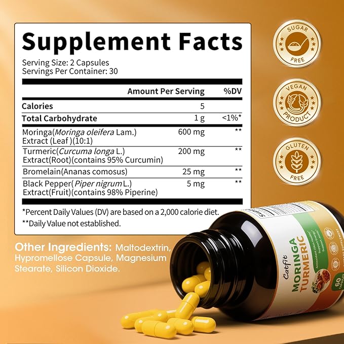 2 Pack Moringa Capsules 10-in-1 Superfood Supplement β Turmeric Curcumin, Bromelain & Black Pepper β Antioxidant, Energy & Skin Support β Vegan, Non-GMO