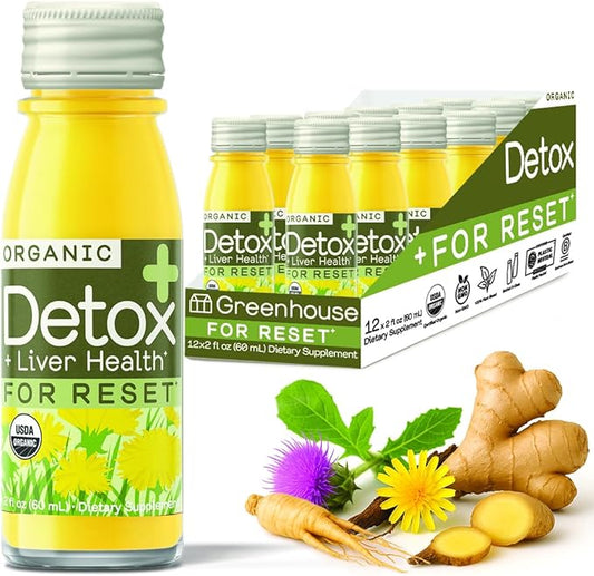 Greenhouse Juice Detox Wellness Shots Organic Immunity Shots Juice Liver Health Wellness + Anti-Inflammatory with Ginseng, Milk Thistle, and Dandelion Vegan & Gluten-Free (2 Oz, Pack of 12)