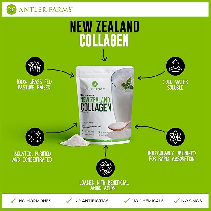 Antler Farms - 100% Pure New Zealand Collagen Powder from Grass Fed Cows, Unflavored, 1 lb - Hydrolyzed Cold Water Soluble Peptides, Keto Friendly, Bioavailable, Quick Dissolving