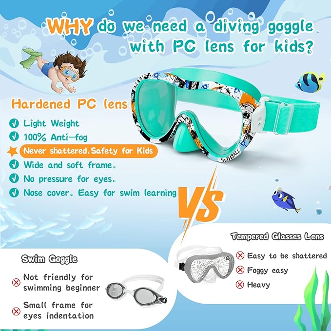 Kids Swim Goggles with Nose Cover, 180° Panoramic Snorkel Mask with Anti-Fog & Anti-Leak Design, Comfort Fabric Strap UV Protection Lens for Boys Girls Ages 3-15