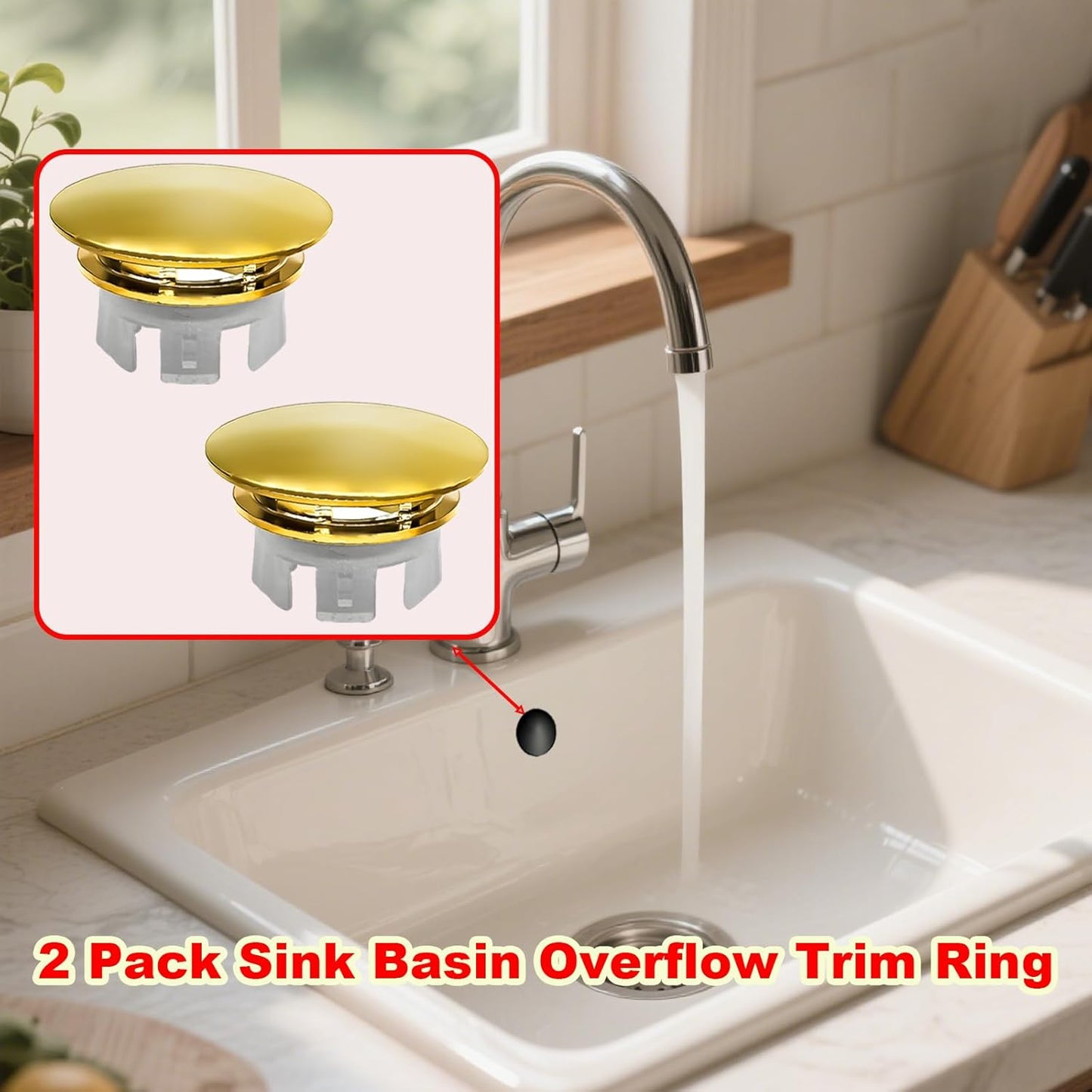 2 Pack Sink Basin Overflow Trim Ring,Solid Brass Bathroom Sink Trim Overfollow Cover,Sink Trim Overflow Cover Insert in Hole Round Caps or Kitchen Bathroom(Bright Gold)