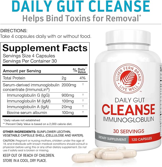 Silver Fern Cleanse - Daily Gut - 2 Bottle - 240 Capsules - 60 Day Supply - Immunoglobulin G, A & M -(IgG, IGA, IgM) - Digestive System & Immune System Support - Postbiotic