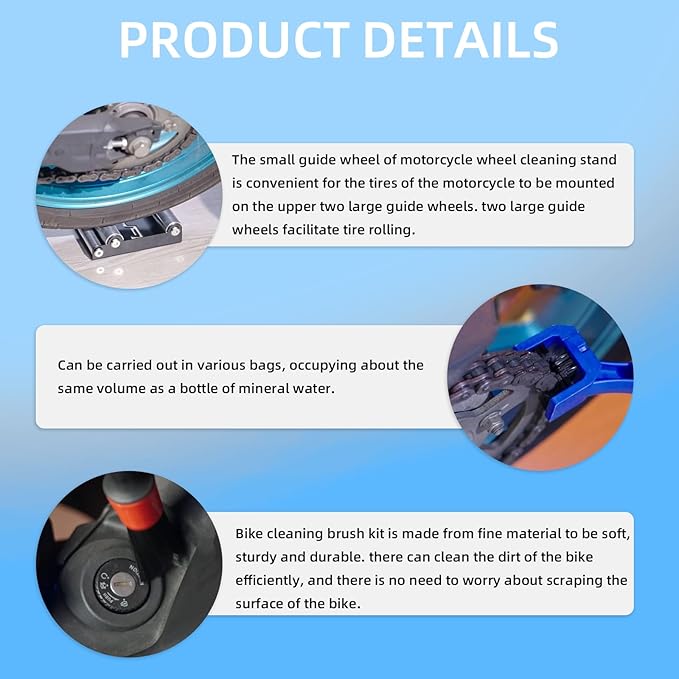 Motorcycle Wheel Cleaning Stand with Cleaning Brush Kit,Universal Roller Paddock for Dirt Street Bike Ebike for Tire Cleaning & Chain Lubrication(Bikes<500 lb & Tire Width<180 mm)