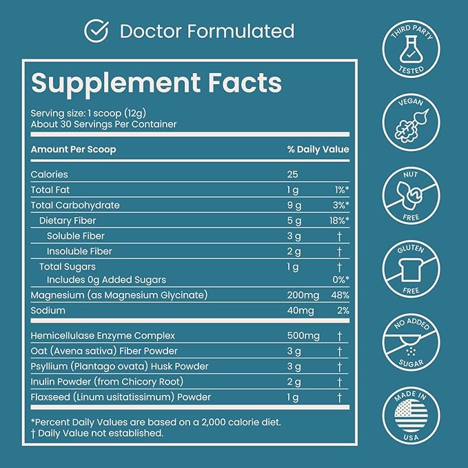 Nighttime Prebiotic Fiber Powder with Digestive Enzymes & Magnesium Glycinate for Sleep | Gut Health Supplement for Women & Men - Digestion Support, Bloating Relief - Citrus, 7 Servings