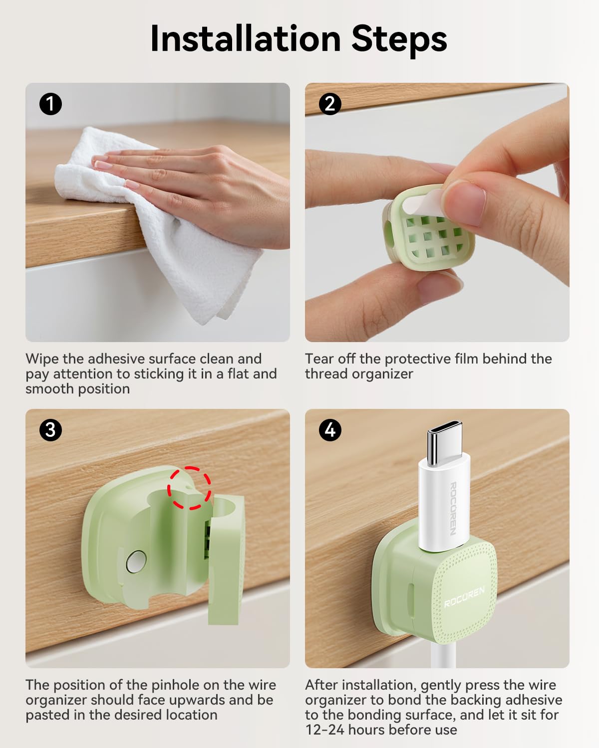 6 Pack Cable Management Cord Organizer, Magnetic Cable Clips-1s Lock, Rocoren Desk Adhesive Cord Cable Clip Wire Holder Keeper for Phone Charger Wire, Nightstand, Car, Office, Desktop Accessory, Green