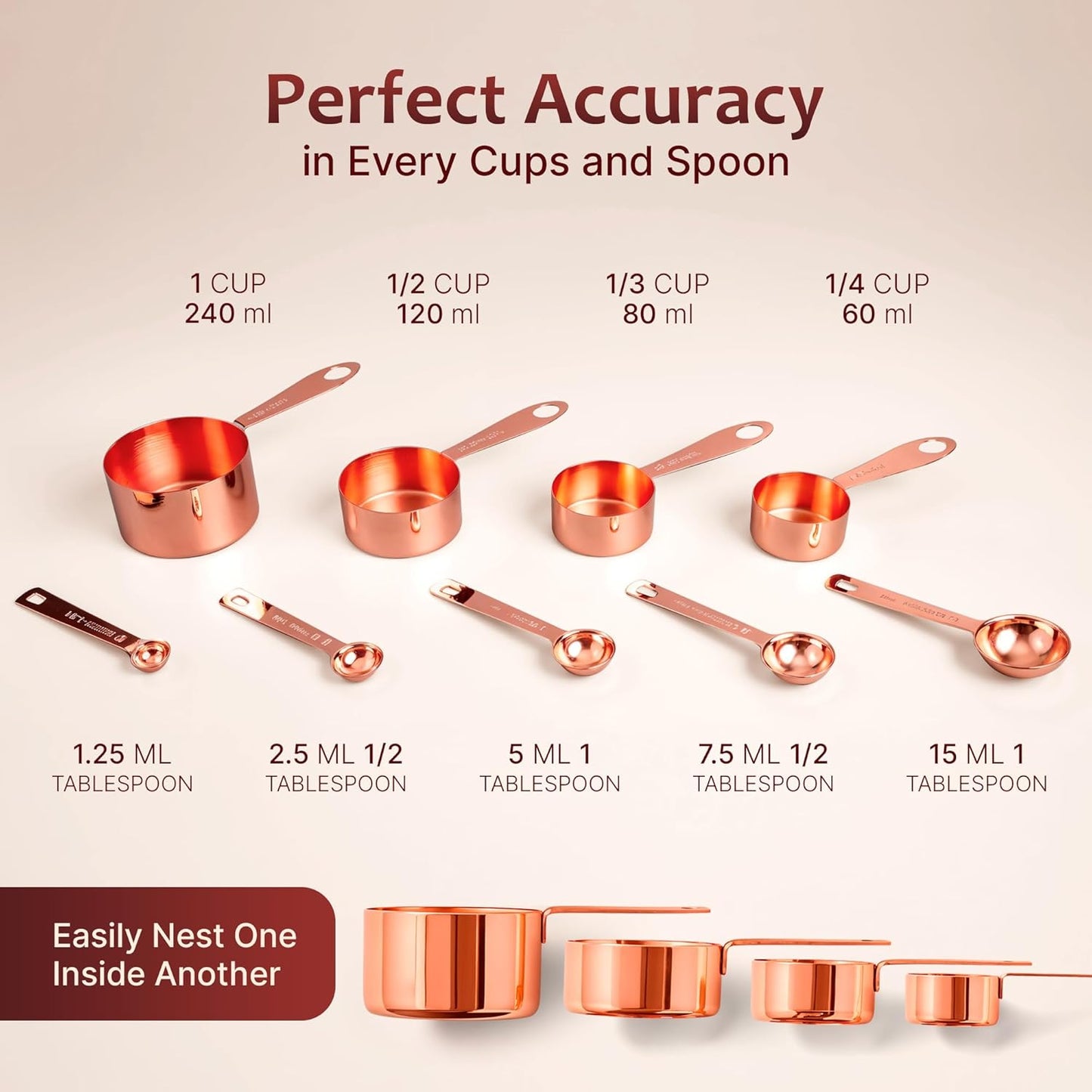 Measuring Cups and Spoons Set of 9, Utensils for Dry and Liquid Ingredients, Copper Kitchen Accessories, Rose Copper Decor for Home, Stackable, Sturdy Stainless Steel