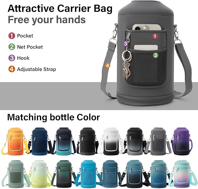 1 Gallon Water Bottle Insulated | Thickened Stainless Steel Vacuum Metal Water Jug | Portable Sports Large for Gym and Hiking with Straw, Carrier Bag, Handle Strap | BPA-Free 128 oz