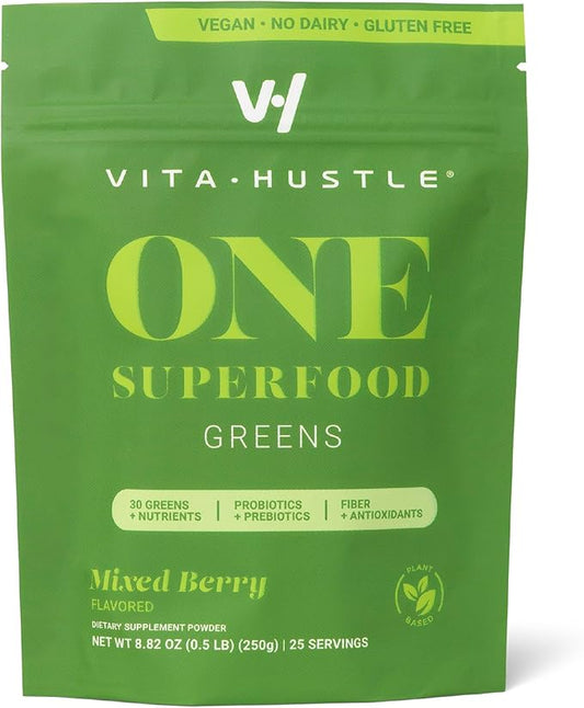 VitaHustle ONE Superfood Super Greens Powder with Prebiotics + Probiotics, Reduce Bloating, Detox, Gut Health, Spirulina, Chlorella, Digestive Enzymes (Berry Flavor, 25 Servings)