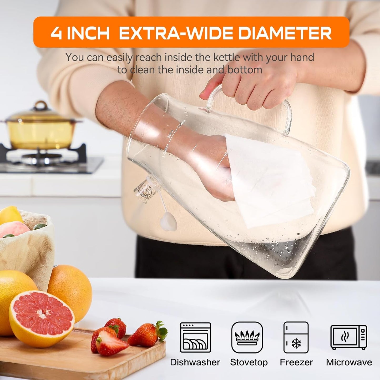 1 Gallon 128oz Glass Pitcher,Water Pitcher with Full Seal Lid and Spout, Glass Carafe for Hot/Cold Drink, Water Jug for Iced Tea, Coffee, Juice, Milk, Beverage