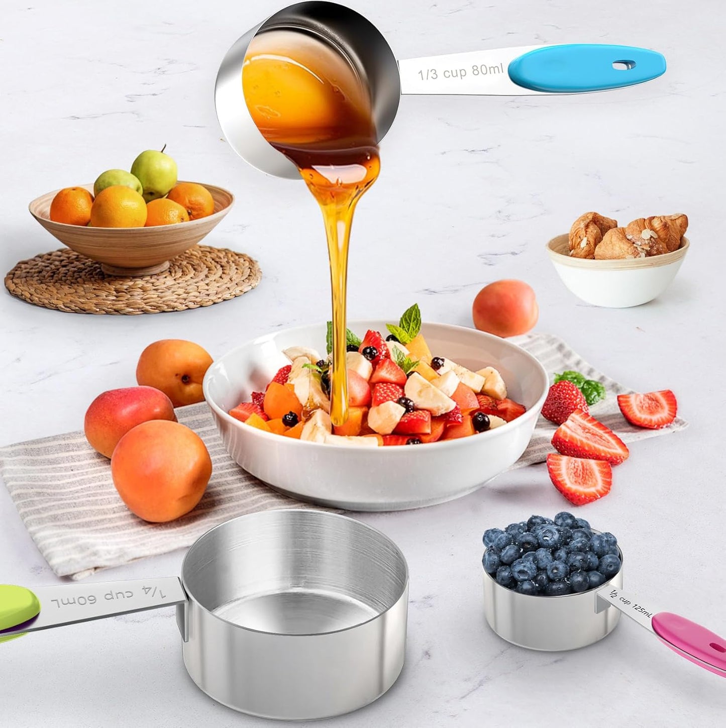 13-Piece Measuring Cups and Magnetic Spoons Set, 5 Stainless Steel Measuring Cups, 7 Double-Sided Magnetic Measuring Spoons & 1 Leveler for Cooking and Baking (5+7+1)