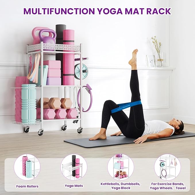 Yoga Mat Storage Rack, Home Gym Storage Rack, VOPEAK Workout Storage for Yoga Mat, Foam Roller, Equipment Gym Storage for Home Exercise and Fitness Gear (Metal)