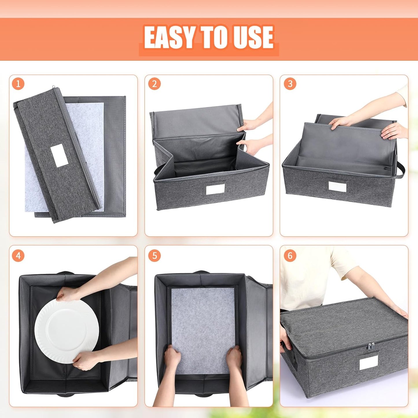 Norme 3 Pcs Platter Storage Case China Storage Container Stackable China Boxes Hard Shell Case Moving Supplies, 17x13x 6 In, 15 Felt Dividers Included, Structured Top, Gray