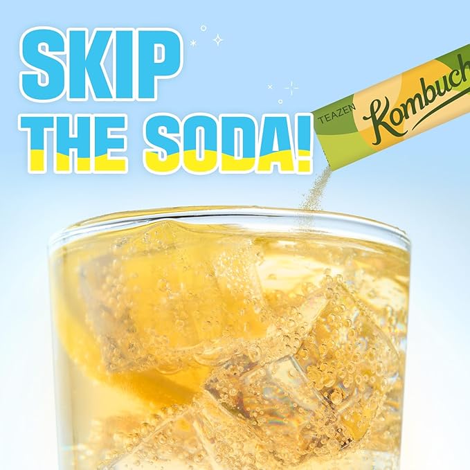 TEAZEN Kombucha Tea, Japanese Apricot Flavor, Zero Sugar, Sparkling Fermented Powdered Mix Beverage from Korea, Live Probiotics & Prebiotics, 10 Sticks, 1.76oz