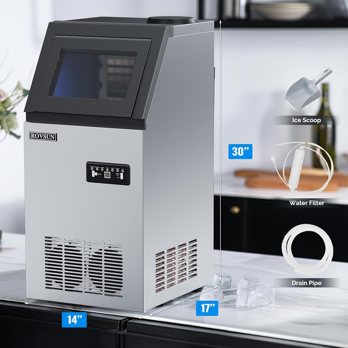 ROVSUN Stainless Steel Commercial Ice Maker Machine, Make 150lbs/24h, 24lbs Storage,Under Counter/Freestanding Automatic Ice Machine for Home Restaurant Bar Cafe