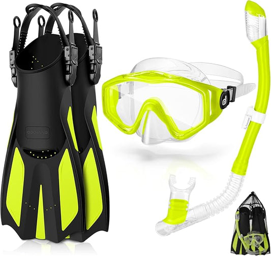 Odoland Kids Snorkeling Packages Snorkel Set, Dry Top Snorkel Mask with Adjustable Swim Fins for Boys and Girls Age 7-14