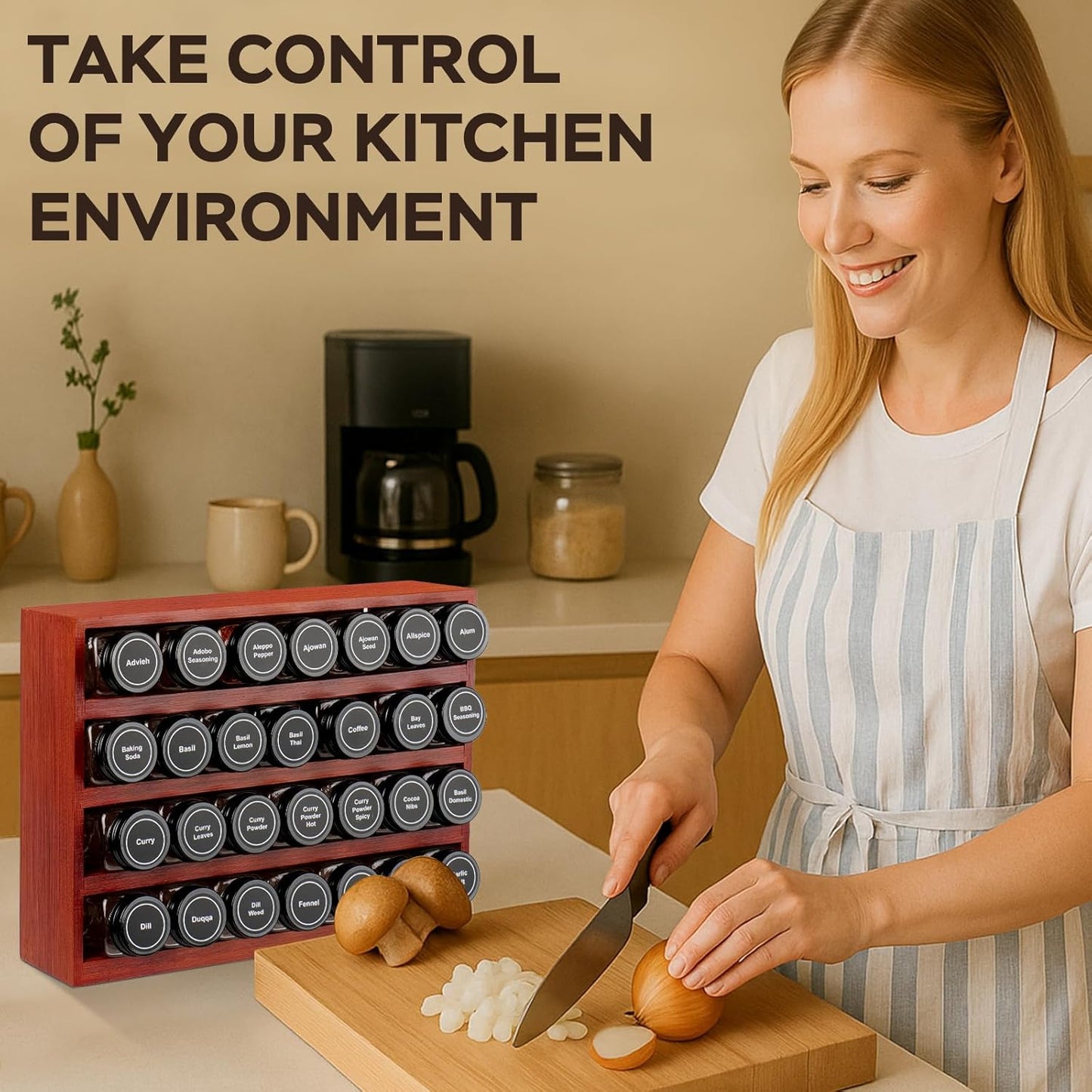 Bamboo Spice Rack Organizer with 28 Spice Jars, 780 Labels, 4 Tier Wood Hanging Shelf, Chalk Marker and Funnel Set for Drawer Cabinet Kitchen Countertop Wall Mount, Empty 4 oz Glass Jars-Cherry Stain