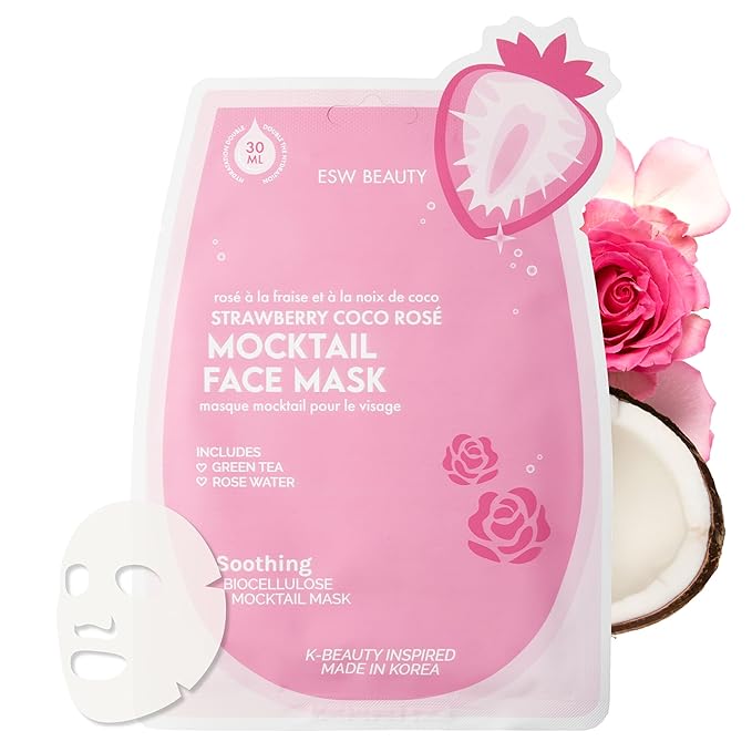 ESW Beauty Strawberry Coco Rosé Soothing Face Mask - Hydrating, Calming, Vegan Face Mask with Coconut Water, Green Tea, & Strawberry Extract for Sensitive Skin