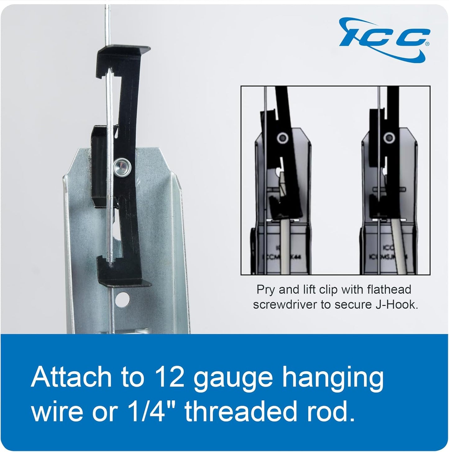 ICC Batwing J Hook 4” with Retainer Clip - Galvanized Steel Cable Management Hooks for Hanging Cable to Hanger Wire and Threaded Rod - Rust-Resistant, EIA and TIA Compliant - 4 Inch 25 Pack