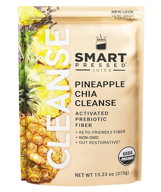 SMART Pressed Juice Pineapple Chia Cleanse | Prebiotic Superfood Plant Based Fiber with Vegan Probiotics & Enzymes | Pineapple Juice Cleanse for Women & Men | 30 Servings