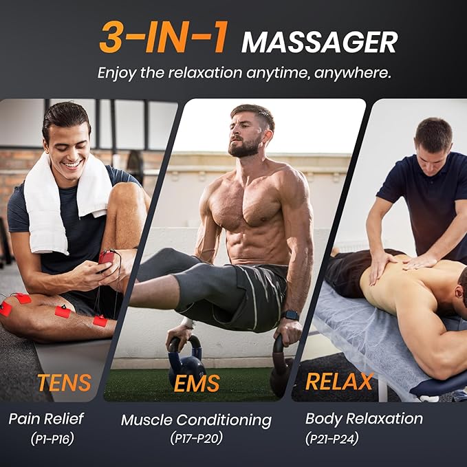 Dual Channel TENS Unit Muscle Stimulator, 3-in-1 EMS TENS Machine with 24 Modes & 40 Levels, Rechargeable EMS Massager for Neck, Shoulder, Sciatica & Back Pain Relief with 12 Pads, EVA Case