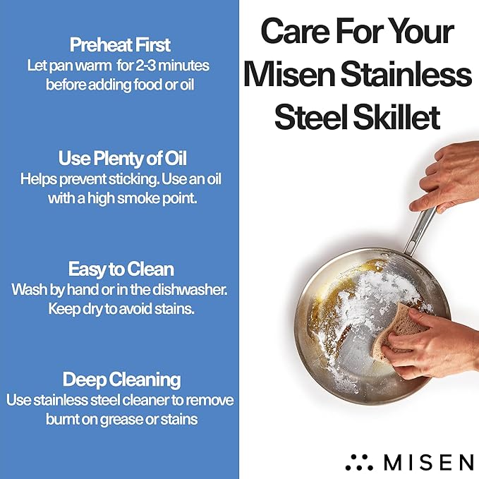 Misen 5-Ply Stainless Steel 8" Frying Pan - Professional Cookware for Induction, Gas and Electric - Dishwasher Safe, Oven Safe to 800°F - Durable, Versatile, Even Heating