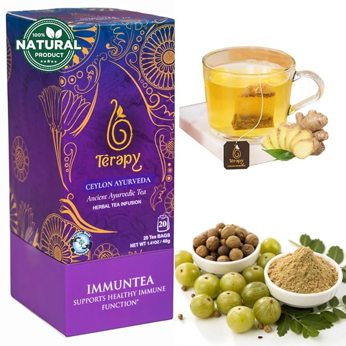Tรฉrapy Ceylon ImmunTea Ayurvedic Tea | All Natural Herbal Ingredients | 20 Count Individually Wrapped Tea bags | Helps boost your immunity naturally