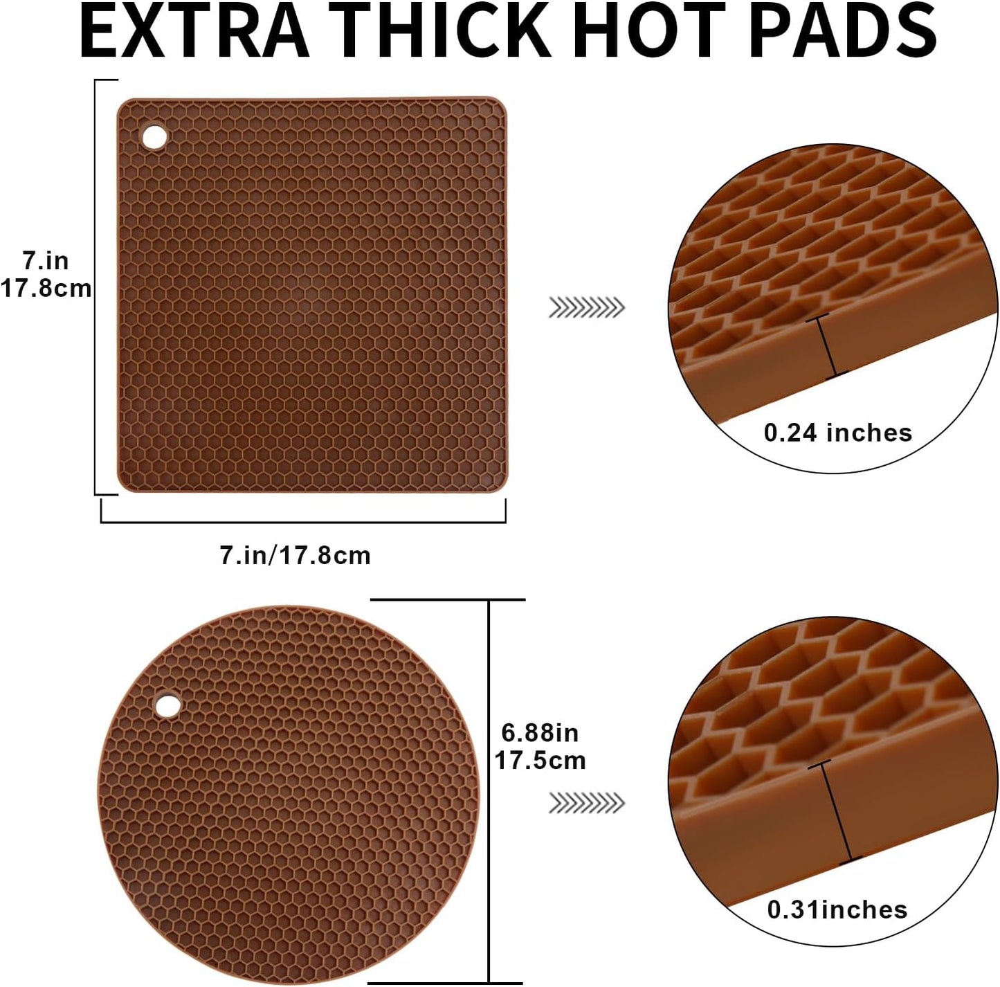 4 Pack Silicone Trivet Mats, Heat Resistant Silicone Hot Pot Holders Hot Pads for Kitchen Countertop, Non-Slip Brown Trivets for Pots and Pans, Hot Plate Mat Coffee Trivet Food Grade Silicone Mat