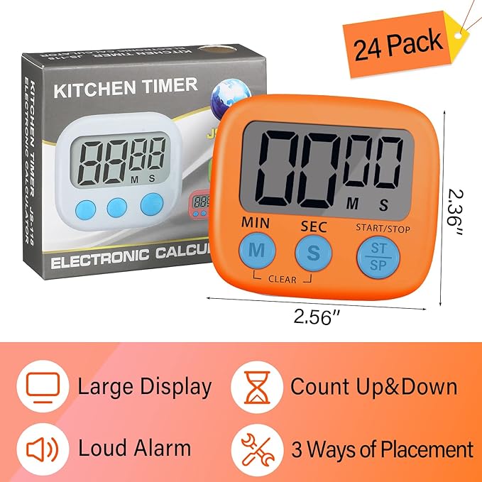 24 Pieces Digital Kitchen Timer Magnetic Timers for Classroom Bulk On/Off Switch Minute Second Count up Countdown Big LCD Display Loud Alarm for Exercise Cook Baking Teacher Kids(Pink, Orange)