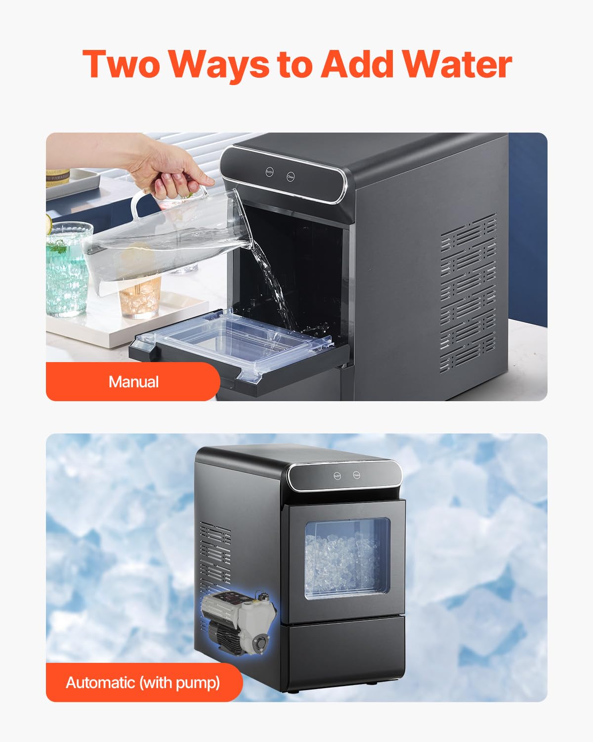 VEVOR Nugget Ice Maker, 37lbs/24H, with Self Cleaning, with Ice Scoop and Basket, Stainless Steel Ice Machine with Convenient Ice Transfer for Home Kitchen Office