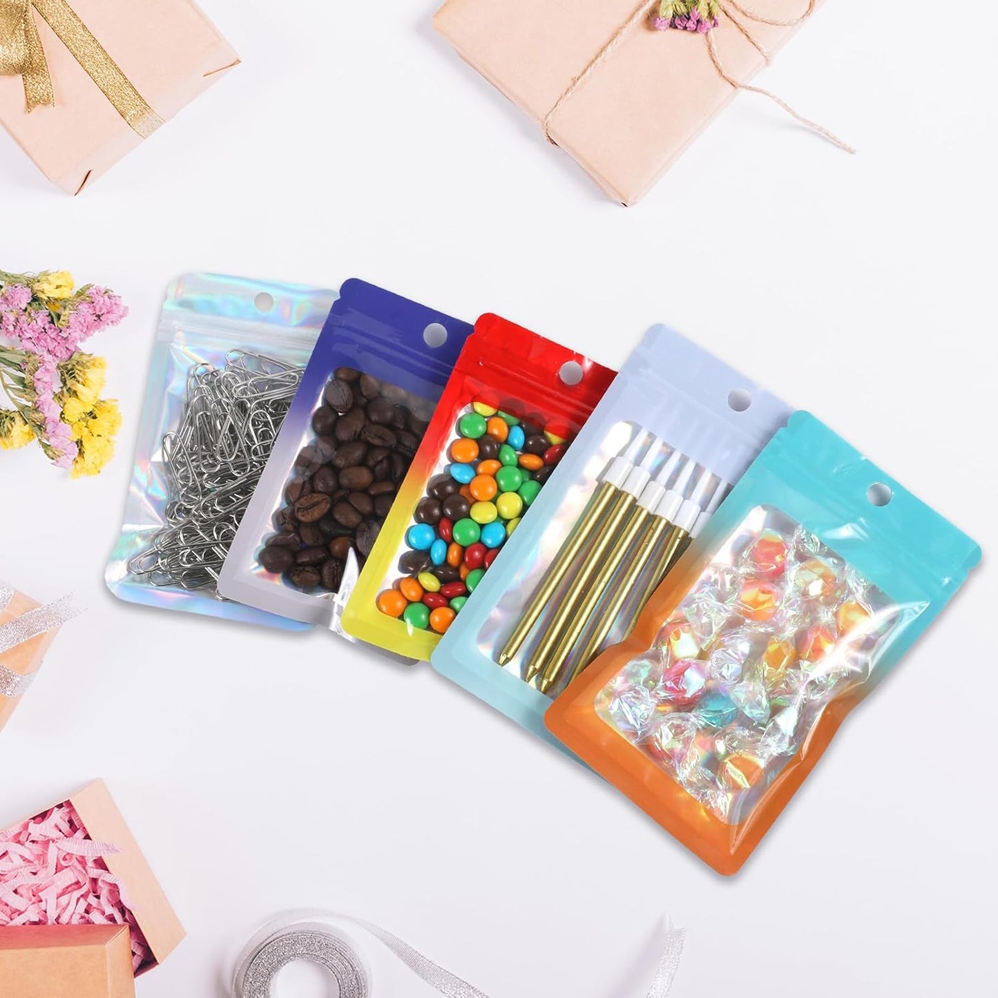 200 Pack Resealable Mylar Holographic Bags Food Storage Smell Proof Bags with Front Window Foil Packaging Pouch for Candy Sample Jewelry Small Business 3.54×6.29 Inch, Red